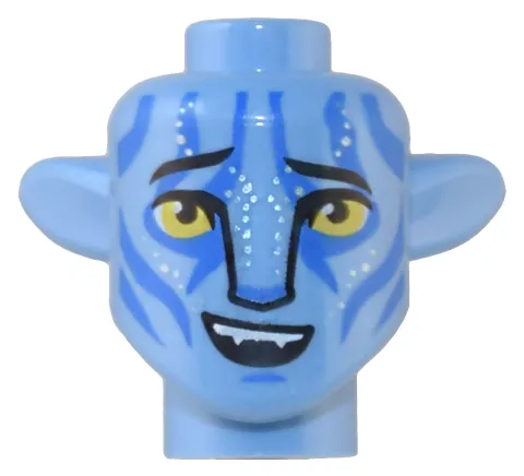Minifigure, Head, Modified Alien Na'vi with Yellow Eyes, Silver Spots, Blue Markings, Raised Eyebrows, Lopsided Open Mouth Smile with Top Teeth Pattern