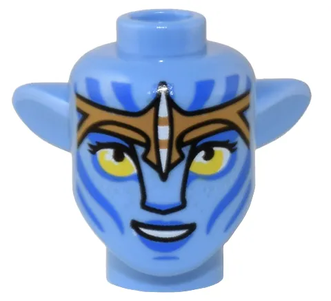 Minifigure, Head, Modified Alien Na'vi with Yellow Eyes, Silver Spots, Blue Markings and Lips, Medium Nougat Headband, Open Mouth Smile with Teeth Pattern