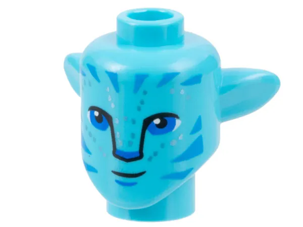 Minifigure, Head, Modified Alien Na'vi with Blue Eyes, Dark Azure Markings, Silver Spots, Small Closed Mouth Grin Pattern