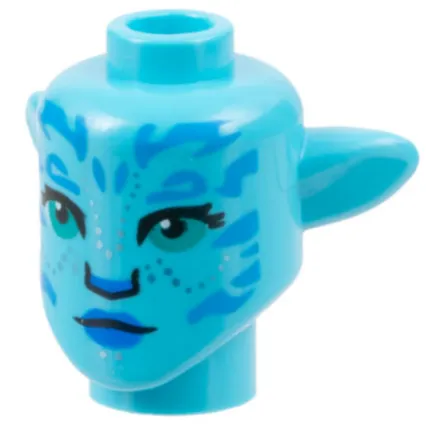 Minifigure, Head, Modified Alien Na'vi with Dark Turquoise Eyes, Dark Azure Markings, Silver Spots, Blue Lips, Neutral Pattern