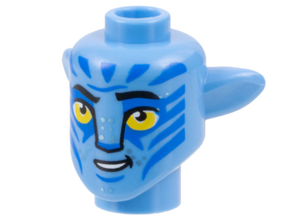 Minifigure, Head, Modified Alien Na'vi with Yellow Eyes, Silver Spots, Blue Markings, Lopsided Open Mouth Smile with Teeth Pattern
