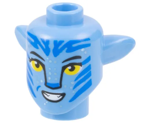 Minifigure, Head, Modified Alien Na'vi with Yellow Eyes, Silver Spots, Blue Markings, Open Mouth Smile with Teeth Pattern