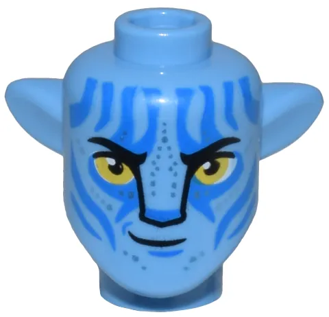 Minifigure, Head, Modified Alien Na'vi with Yellow Eyes, Silver Spots, Wide Blue Markings, Smirk with Right Corner Lifted Pattern