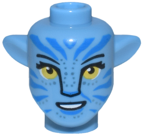 Minifigure, Head, Modified Alien Na'vi with Yellow Eyes with Long Eyelashes, Silver Spots, Blue Markings, Open Mouth Smile with Teeth Pattern