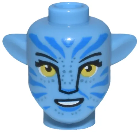 Minifigure, Head, Modified Alien Na'vi with Yellow Eyes with Long Eyelashes, Silver Spots, Blue Markings, Open Mouth Smile with Teeth Pattern