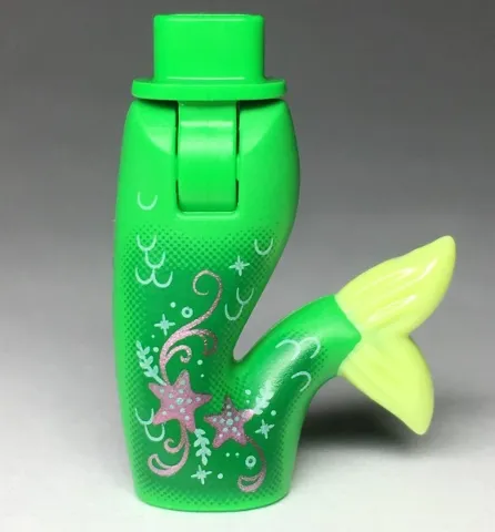 Mini Doll Hips and Mermaid / Merman Tail Assembly with Yellowish Green Caudal Fin and Metallic Pink Stars and Filigree Pattern