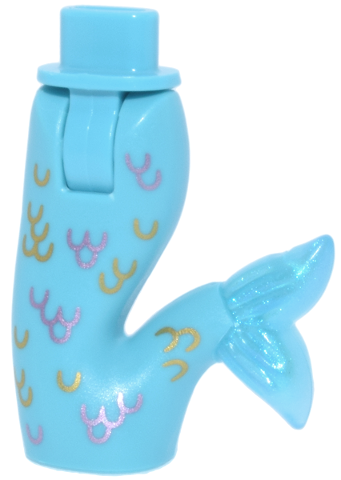 Mini Doll Hips and Mermaid / Merman Tail Assembly with Molded Satin Trans-Light Blue Caudal Fin and Printed Gold and Metallic Pink Scales Pattern