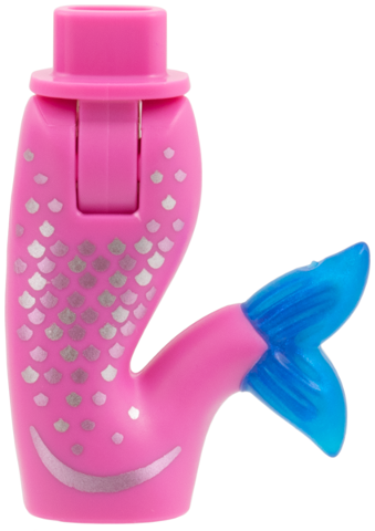 Mini Doll Hips and Mermaid / Merman Tail Assembly with Molded Satin Trans-Dark Blue Caudal Fin and Printed Silver and Metallic Pink Scales Pattern