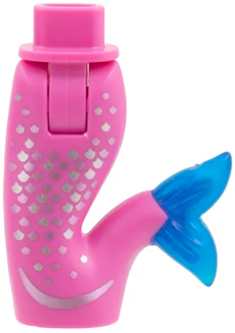 Mini Doll Hips and Mermaid / Merman Tail Assembly with Molded Satin Trans-Dark Blue Caudal Fin and Printed Silver and Metallic Pink Scales Pattern