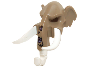 Minifigure, Headgear Mask Mammoth with White Rubber Tusks and Trunk with Medium Lavender Sinew Patches on Trunk Pattern