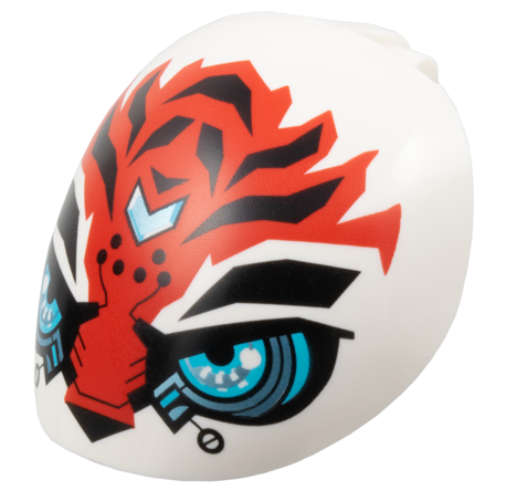 Large Figure Armor, Round, Smooth with Bar Handle - Free Ends with Red Tiger Face with Black Eyebrows, Dots, Nose and Markings, Medium Azure and Metallic Light Blue Robotic Eyes and Forehead Chevron Pattern