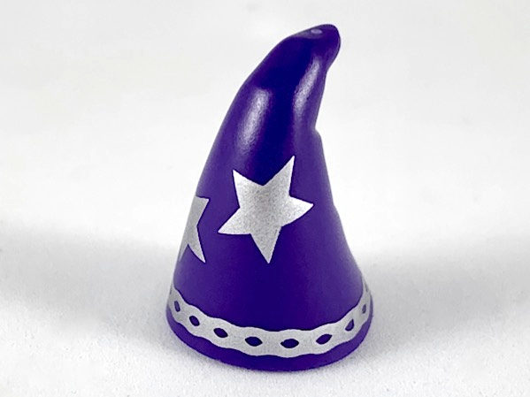 Minifigure, Headgear Hat, Cone Drooping, Wizard with Large Silver Stars and Rim Pattern
