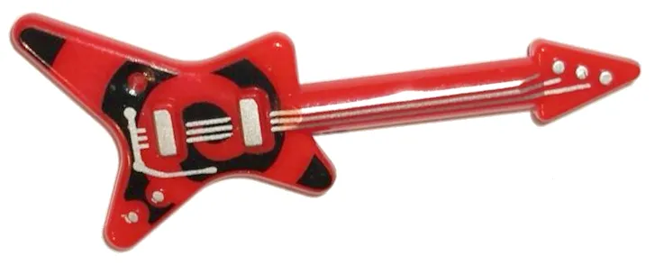 Minifigure, Utensil Musical Instrument, Guitar Electric 'ML' Type with Black Spiral on Body and Silver Strings, Bridge, and Whammy Bar Pattern