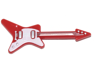 Minifigure, Utensil Musical Instrument, Guitar Electric 'ML' Type with Curved White Pickguard and Silver Strings, Bridge, and Whammy Bar Pattern
