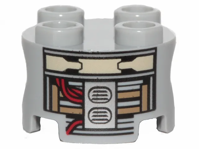Brick, Round 2 x 2 with Pin Holes with Dark Tan, Red and Silver Robot Pattern (R1-J5)