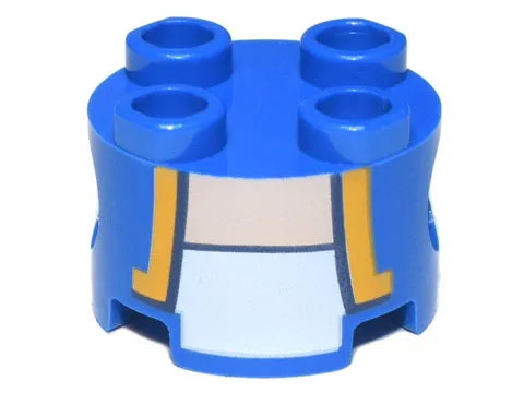 Brick, Round 2 x 2 with Pin Holes with Vest Open with Bright Light Orange and Dark Blue Trim over White Shirt, Light Nougat Neck Pattern (Super Mario Toad / Blue Toad Torso)