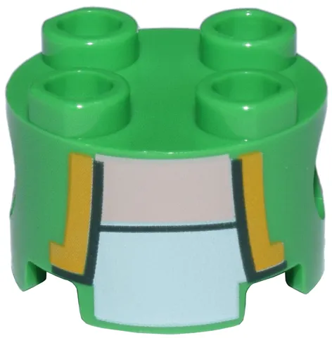 Brick, Round 2 x 2 with Pin Holes with Vest Open with Bright Light Orange and Dark Green Trim over White Shirt, Light Nougat Neck Pattern (Super Mario Green Toad Torso)