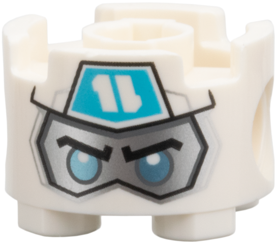 Brick, Round 2 x 2 with Pin Holes with Balaclava with Ninjago Logogram Letter Z on Medium Azure Pentagon over Silver Face with Black Eyebrows and Metallic Light Blue Eyes Pattern (Zane Head)