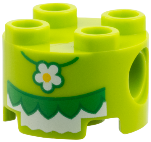 Brick, Round 2 x 2 with Pin Holes with Bright Green and White Flower Necklace and Skirt Pattern