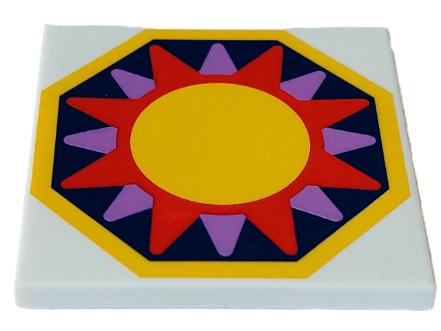 Tile 4 x 4 with Yellow, Magenta and Medium Lavender Sun on Dark Blue Octagon Background with Yellow Edge Pattern