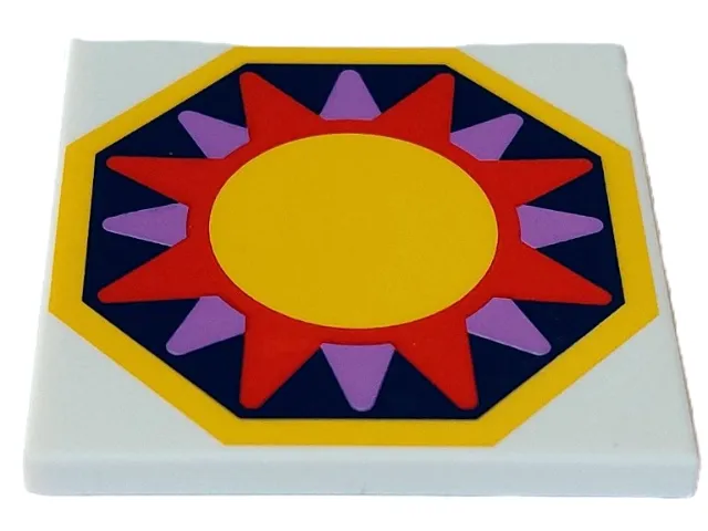 Tile 4 x 4 with Yellow, Magenta and Medium Lavender Sun on Dark Blue Octagon Background with Yellow Edge Pattern