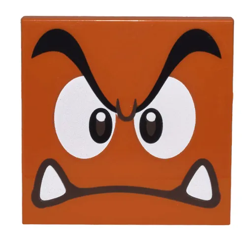 Tile 4 x 4 with Black Eyebrows, Dark Brown and White Eyes, Angry Frown with Bottom Fangs Pattern (Super Mario Big Goomba Face)
