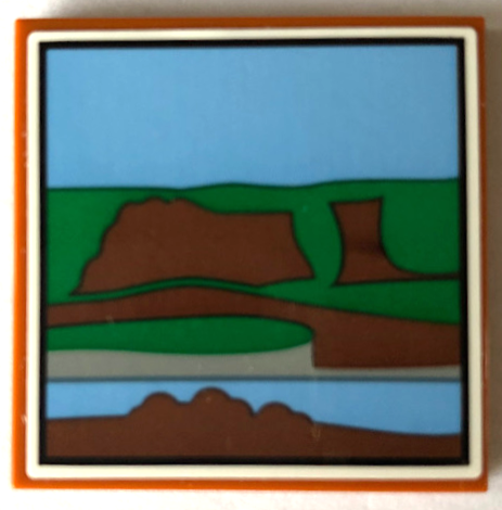 Tile 4 x 4 with Picture of Green, Medium Blue and Reddish Brown Landscape with Black Border Pattern (Sticker) - Set 21336