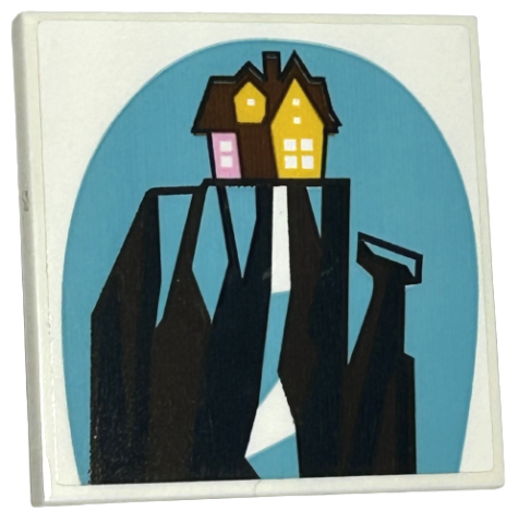 Tile 4 x 4 with Dark Brown, Bright Light Orange and Bright Pink House on Cliff with Waterfall on Medium Azure Background Pattern (Sticker) - Set 43217