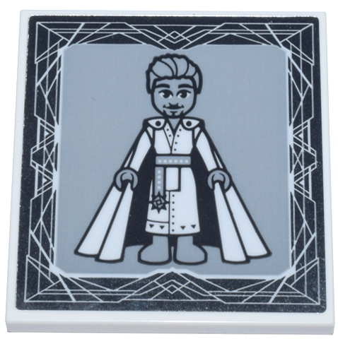 Tile 4 x 4 with Portrait of Male Mini Doll with Cape (King Magnifico) on Light Bluish Gray Background with Geometric Mirror Frame Pattern (Sticker) - Set 43224