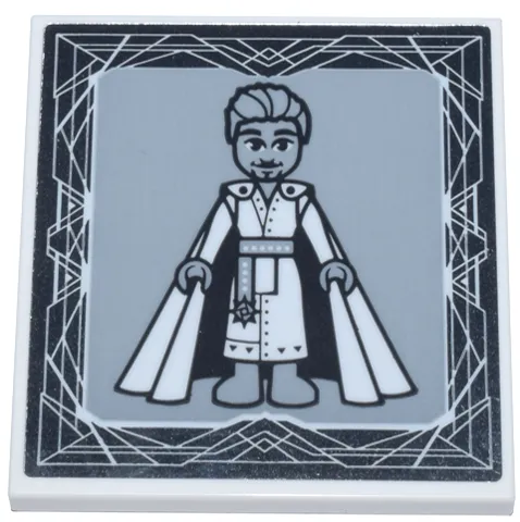 Tile 4 x 4 with Portrait of Male Mini Doll with Cape (King Magnifico) on Light Bluish Gray Background with Geometric Mirror Frame Pattern (Sticker) - Set 43224