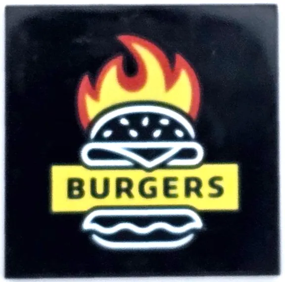 Tile 4 x 4 with Red and Yellow Flames, White Burger Outline and 'BURGERS' Pattern