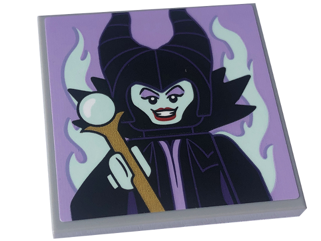Tile 4 x 4 with Maleficent Minifigure and Light Aqua Flames on Lavender Background Pattern (Sticker) - Set 43227