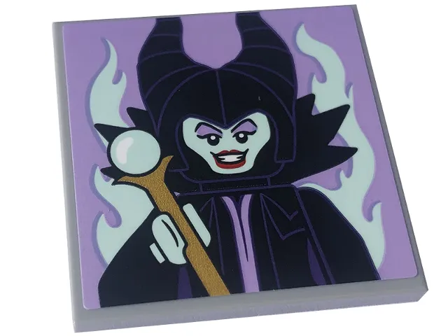 Tile 4 x 4 with Maleficent Minifigure and Light Aqua Flames on Lavender Background Pattern (Sticker) - Set 43227