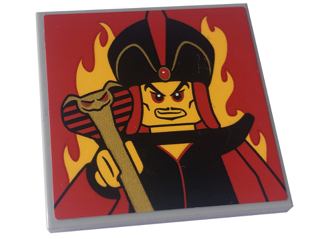 Tile 4 x 4 with Jafar Minifigure and Bright Light Orange Flames on Red Background Pattern (Sticker) - Set 43227