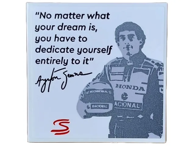 Tile 4 x 4 with Black 'Ayrton Senna' Image, Quote and Signature, Red Logo Pattern (Sticker) - Set 10330