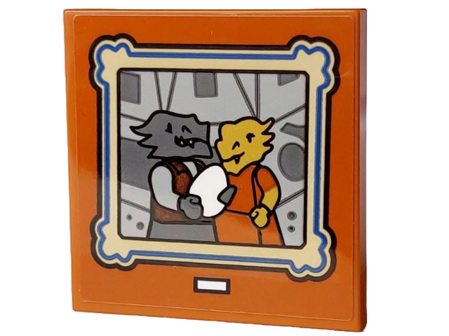 Tile 4 x 4 with Painting with Dragonborn Minifigures (Alax Jadescales's Parents) and White Egg on Light Bluish Gray and Dark Bluish Gray Background with Black, Blue and Tan Frame Pattern (Sticker) - Set 21348