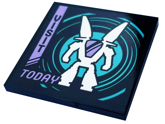 Tile 4 x 4 with Lavender Stripe and 'VISIT TODAY', White Mech Robot and Dark Turquoise Circles Pattern (Sticker) - Set 60407