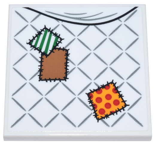 Tile 4 x 4 with Blanket with Silver Lattice and Bright Light Orange, Green, Medium Nougat, and Red Patches with Black Stitches Pattern (Sticker) - Set 76437