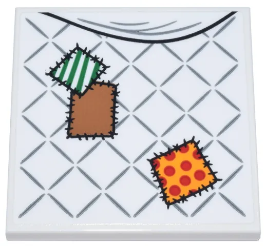 Tile 4 x 4 with Blanket with Silver Lattice and Bright Light Orange, Green, Medium Nougat, and Red Patches with Black Stitches Pattern (Sticker) - Set 76437