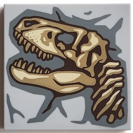 Tile 4 x 4 with Dark Brown, Dark Tan and Tan Tyrannosaurus rex Skull Fossil on Jagged Dark Bluish Gray Background Pattern
