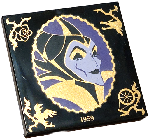 Tile 4 x 4 with Lavender and Dark Purple Maleficent Portrait in Scalloped Oval Frame with Gold Filigree, '1959', Rose, Dragon, Raven Diablo and Spinning Wheel Pattern