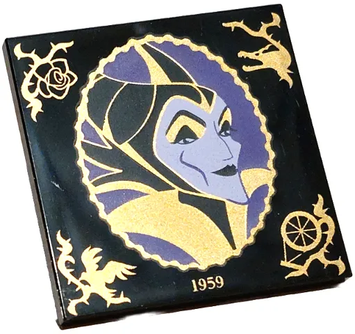 Tile 4 x 4 with Lavender and Dark Purple Maleficent Portrait in Scalloped Oval Frame with Gold Filigree, '1959', Rose, Dragon, Raven Diablo and Spinning Wheel Pattern