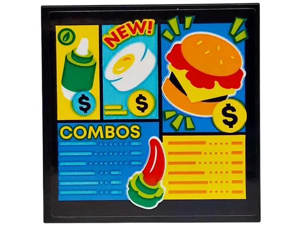 Tile 4 x 4 with Menu with 'NEW!', 'COMBOS', Fried Egg, Burger and Dollar Signs Pattern (Sticker) - Set 77076