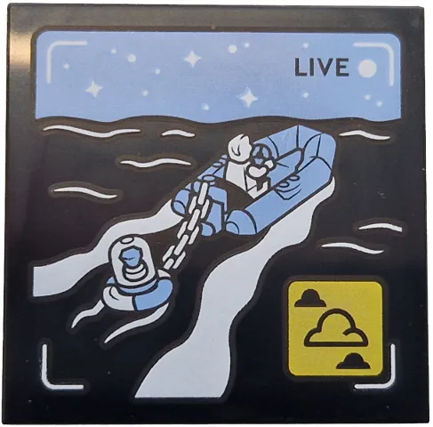 Tile 4 x 4 with 'LIVE' Broadcast with Bright Light Blue Rubber Raft and Sky, Black Sea, White Minifigure, Stars and Waves, Yellow Icon with Clouds Pattern