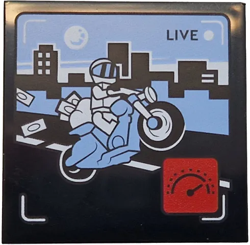 Tile 4 x 4 with 'LIVE' Broadcast with Bright Light Blue Motorcycle and Sky, Black Road and Skyliners, White Minifigure, Red Icon with Speedometer Pattern