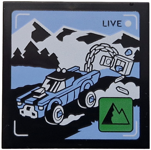 Tile 4 x 4 with 'LIVE' Broadcast with Bright Light Blue Car and Side Road, Black and White Mountains, Green Icon with Mountains Pattern