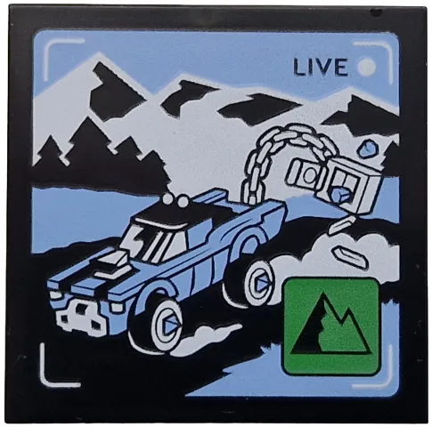 Tile 4 x 4 with 'LIVE' Broadcast with Bright Light Blue Car and Side Road, Black and White Mountains, Green Icon with Mountains Pattern