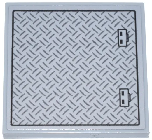 Tile 4 x 4 with Hatch Panel with Black Outline, Handles and Dark Bluish Gray Tread Plate Pattern (Sticker) - Set 42146