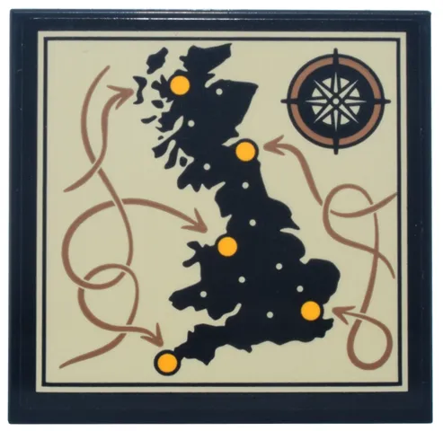Tile 4 x 4 with Tan Map of Great Britain, Compass Rose, Arrows and Dots Pattern (Sticker) - Set 76457