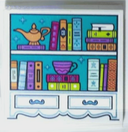 Tile 4 x 4 with Shelves with Books, Cup, Magic Lamp and Drawers Pattern (Sticker) - Set 43215